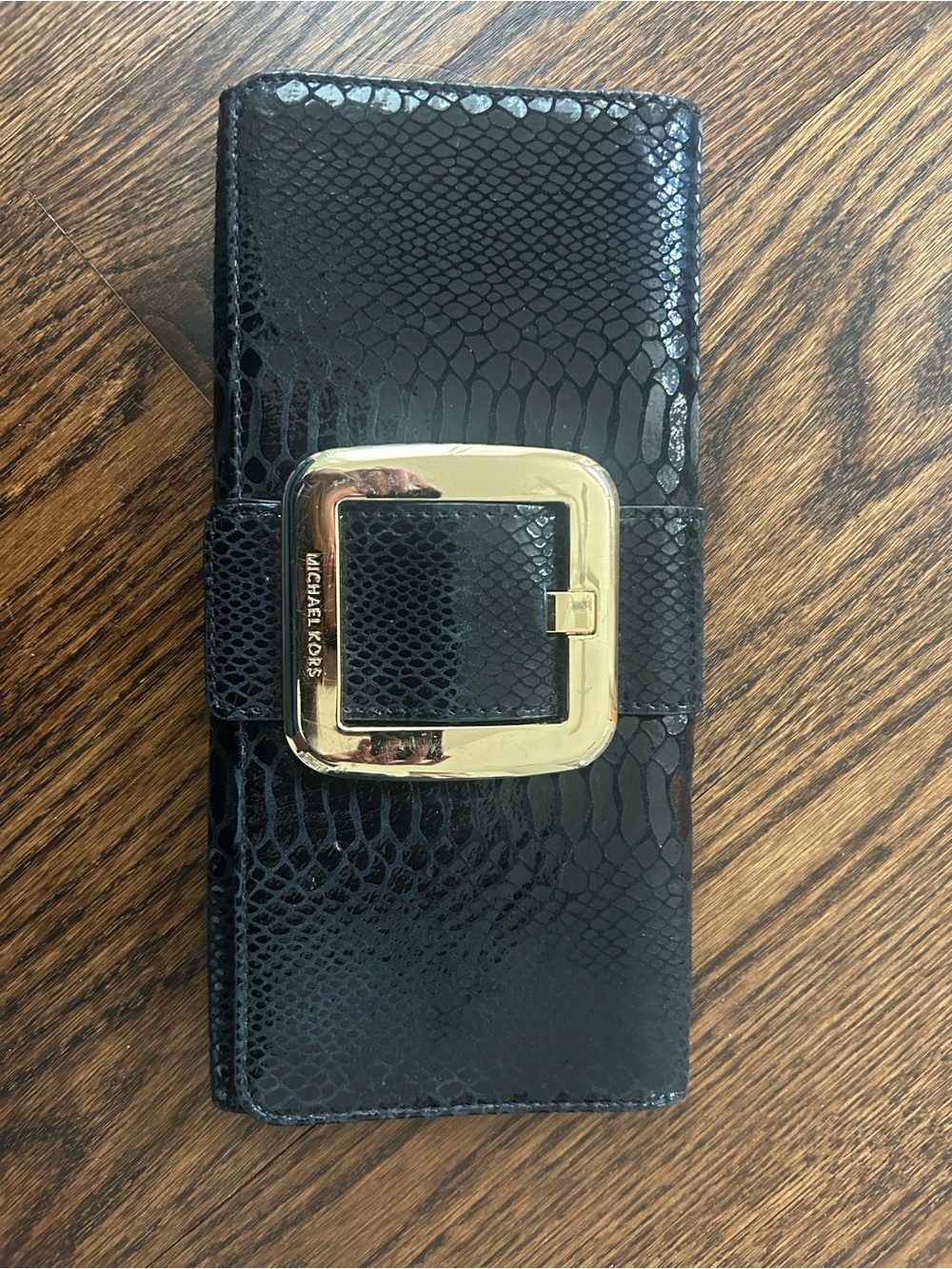 Michael Kors Black Snake-Embossed Patent Wallet with Gold Buckle